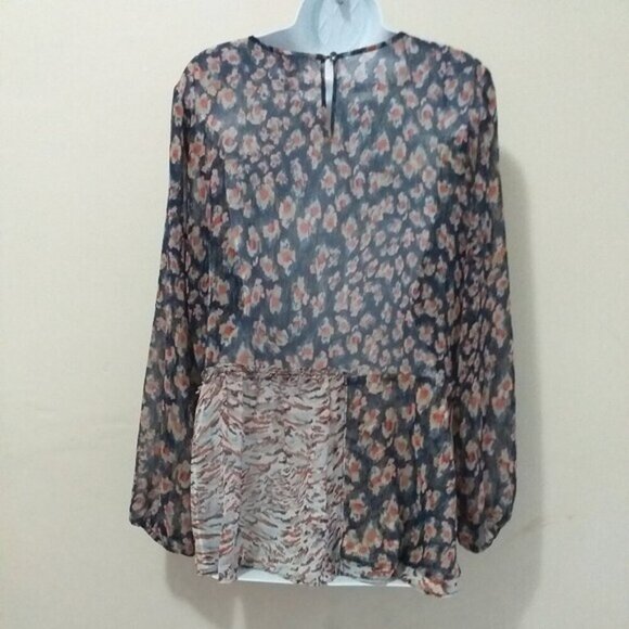 LOGO by Lori Goldstein floral Blouse sheer Patchwork Ruffles Blue women S boho - Picture 11 of 11